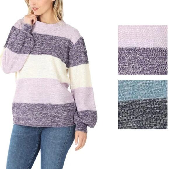 Zenana Lilac/Multi Colorblock Balloon Sleeve Knit Sweater Women's Large NWOT - Picture 2 of 8